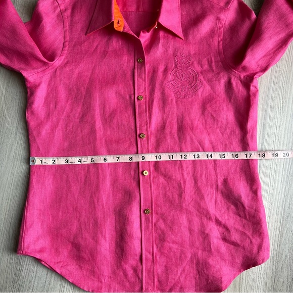 Ralph Lauren Petite Small Embroidered Crest Linen Women’s Shirt Fuchsia Pink - Picture 13 of 16